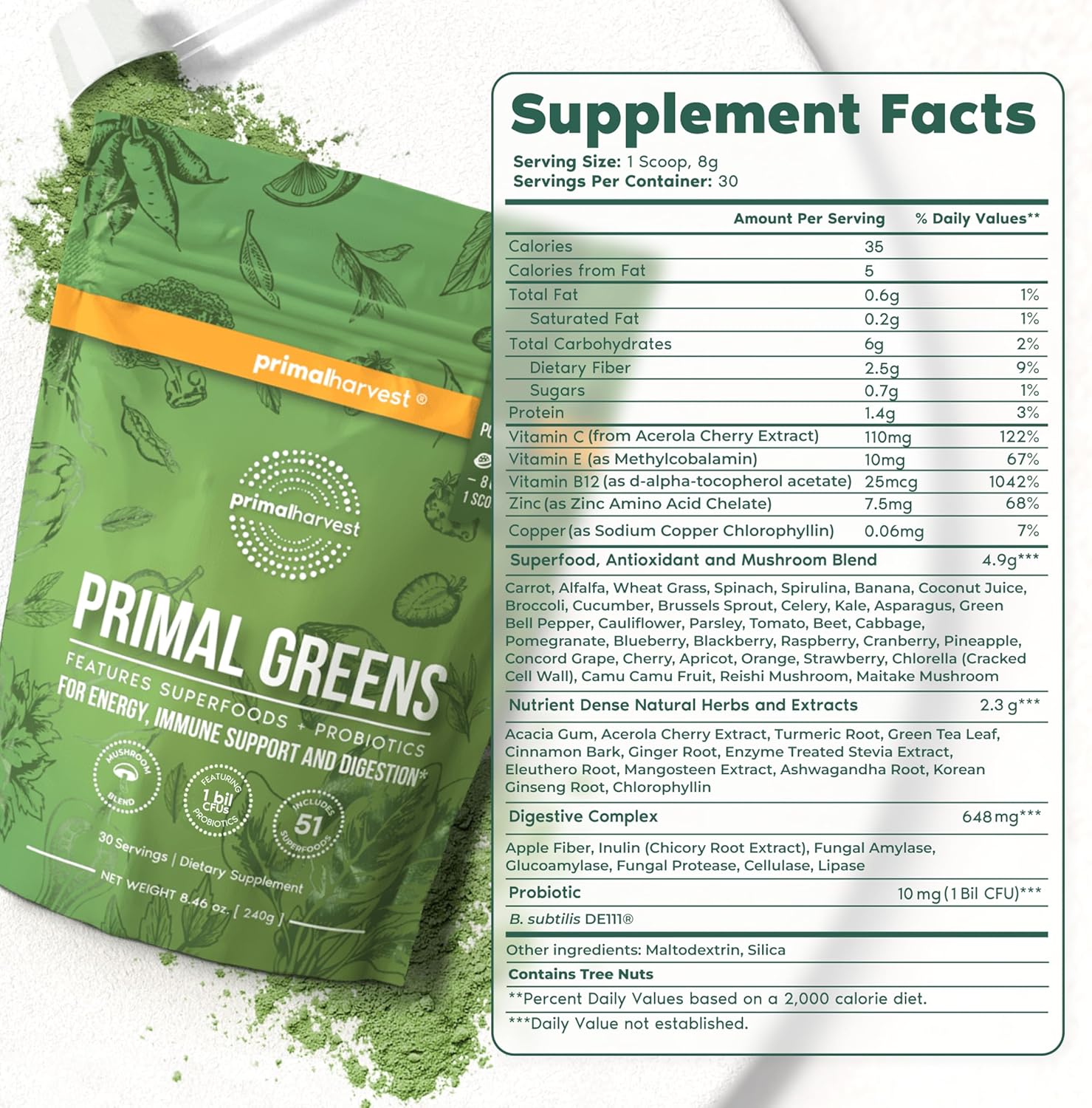30 Servings Primal Harvest Super Greens Powder with +50 Greens Superfood, Chlorella, Probiotics, Green Tea, Wheatgrass, Kale, and Turmeric for Energy Boost