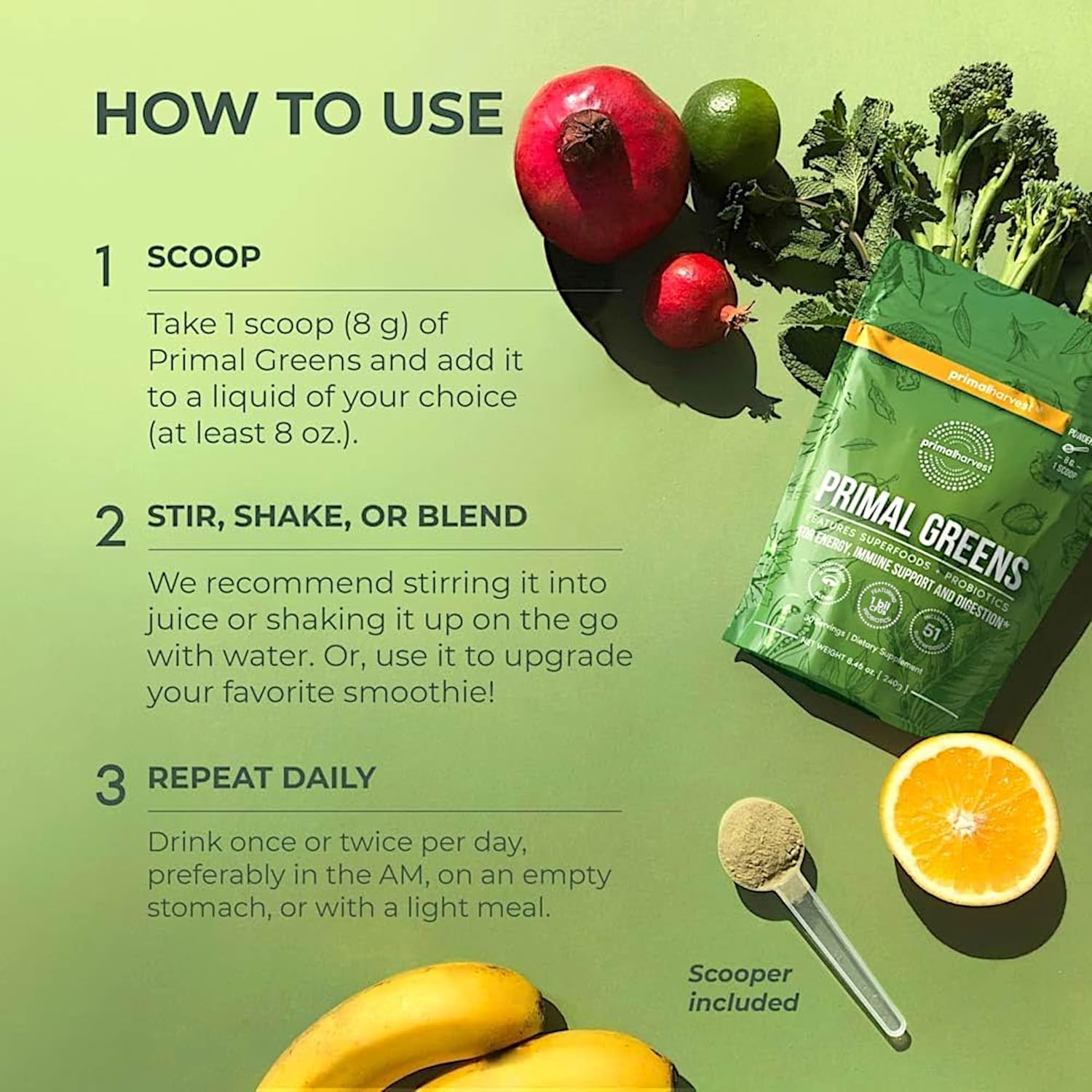 30 Servings Primal Harvest Super Greens Powder with +50 Greens Superfood, Chlorella, Probiotics, Green Tea, Wheatgrass, Kale, and Turmeric for Energy Boost