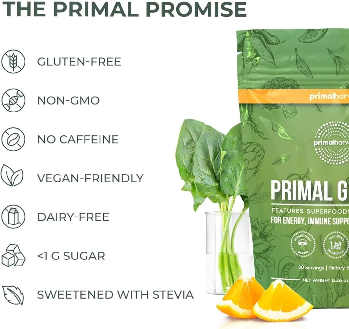 30 Servings Primal Harvest Super Greens Powder with +50 Greens Superfood, Chlorella, Probiotics, Green Tea, Wheatgrass, Kale, and Turmeric for Energy Boost