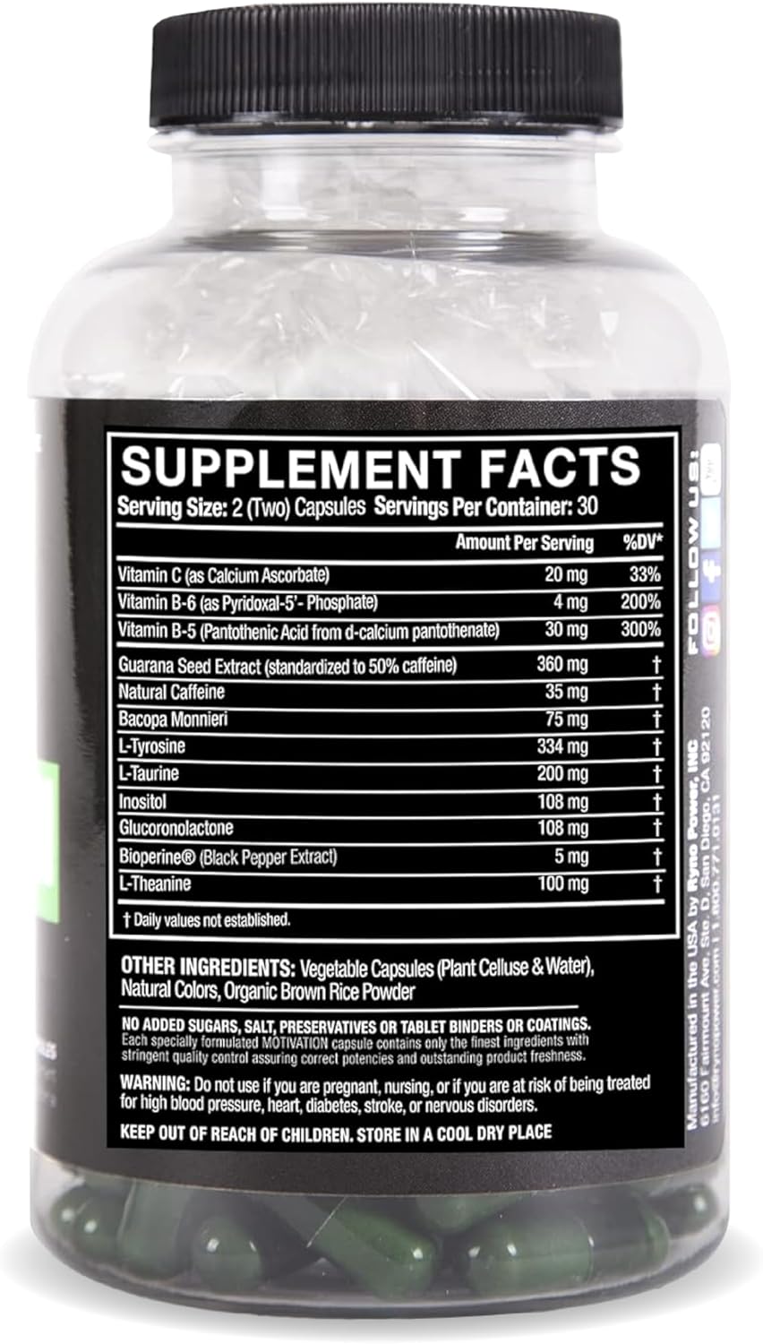 30 Servings Ryno Power Motivation Capsules for Pre-Workout Focus and Energy Boost