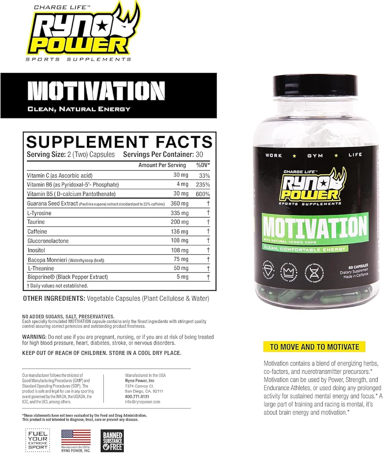 30 Servings Ryno Power Motivation Capsules for Pre-Workout Focus and Energy Boost