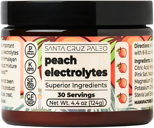 30 Servings Santa Cruz Peach Paleo Electrolyte Powder with Himalayan & Sea Salt, Magnesium, Potassium - Sugar-Free