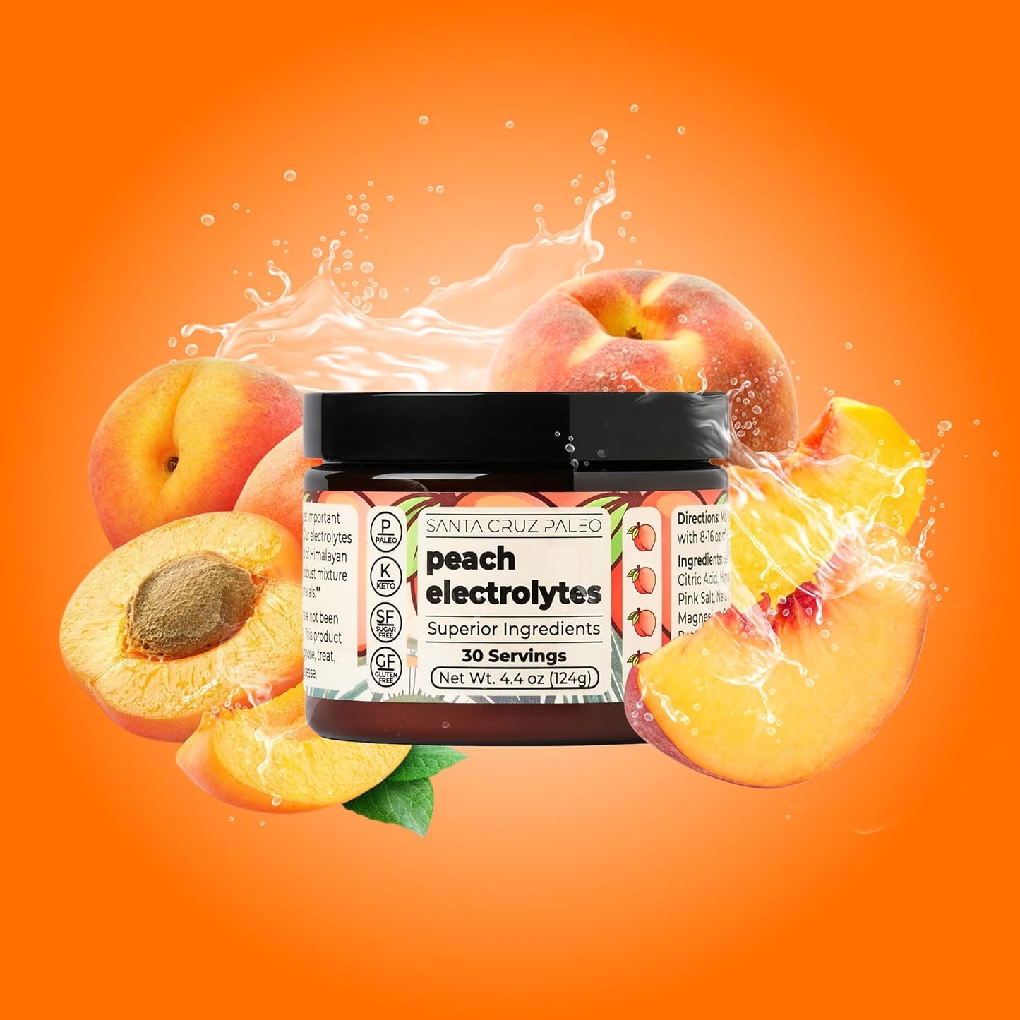 30 Servings Santa Cruz Peach Paleo Electrolyte Powder with Himalayan & Sea Salt, Magnesium, Potassium - Sugar-Free