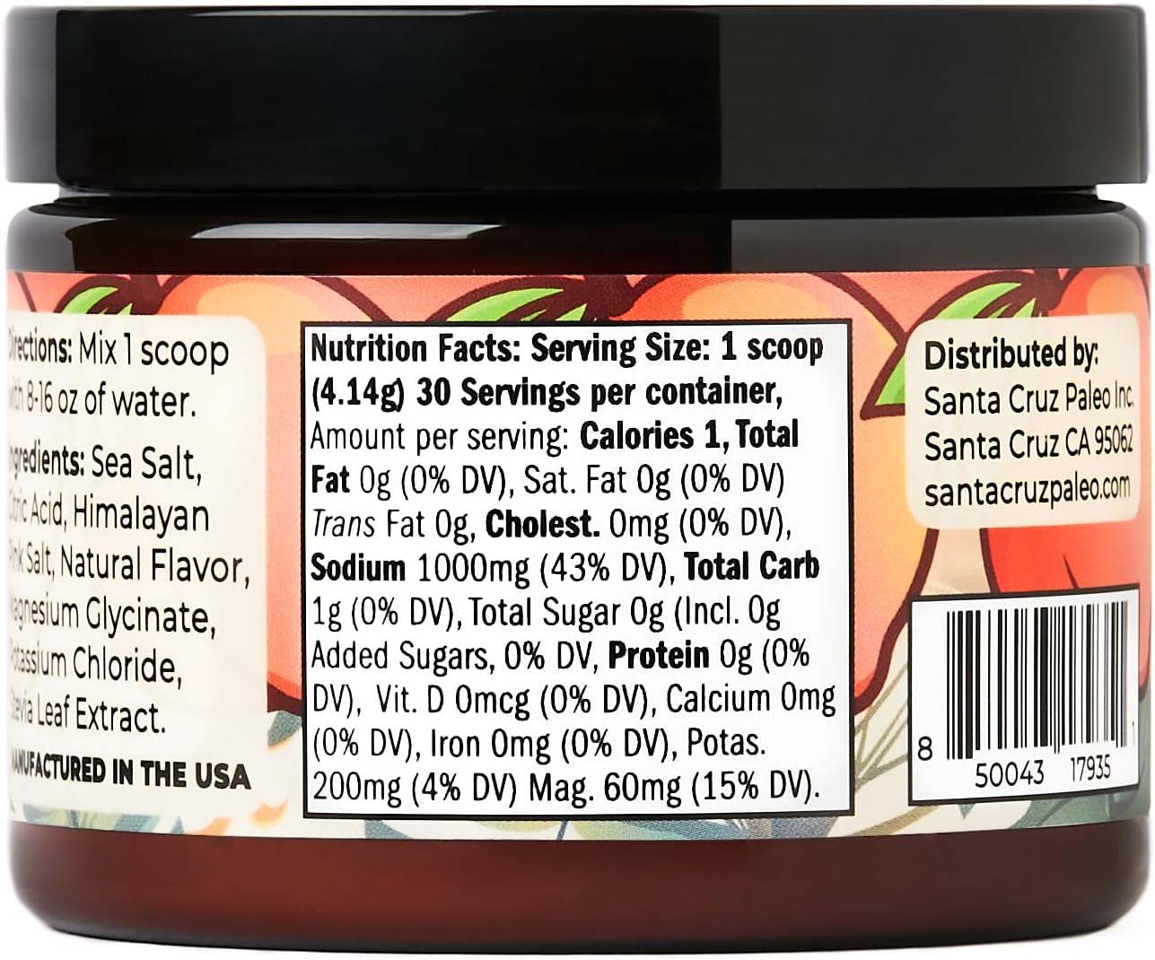 30 Servings Santa Cruz Peach Paleo Electrolyte Powder with Himalayan & Sea Salt, Magnesium, Potassium - Sugar-Free