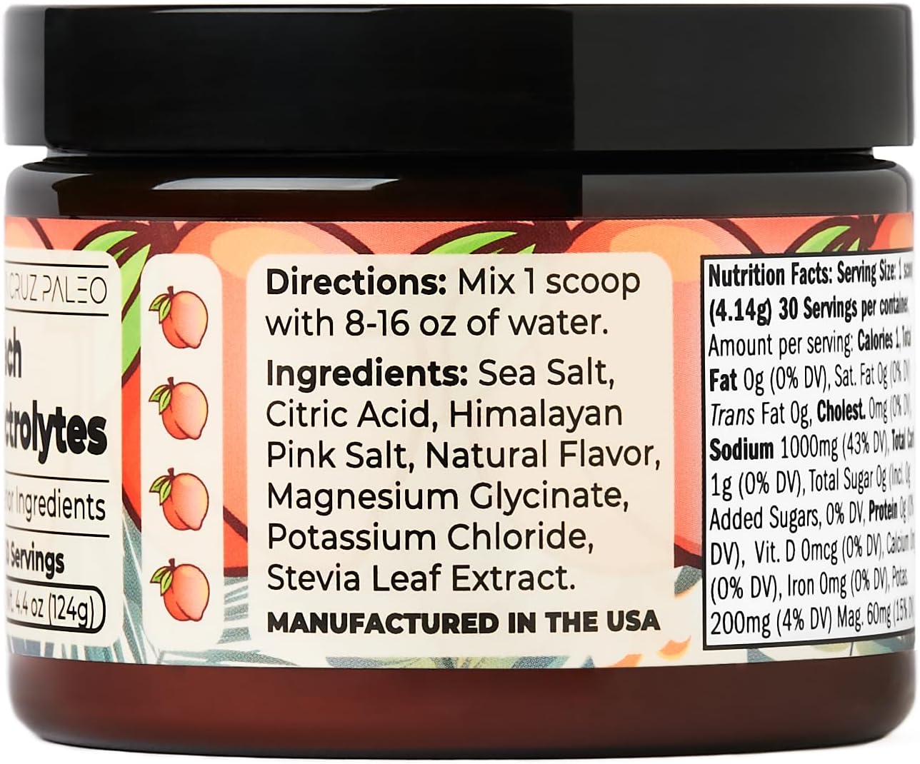 30 Servings Santa Cruz Peach Paleo Electrolyte Powder with Himalayan & Sea Salt, Magnesium, Potassium - Sugar-Free