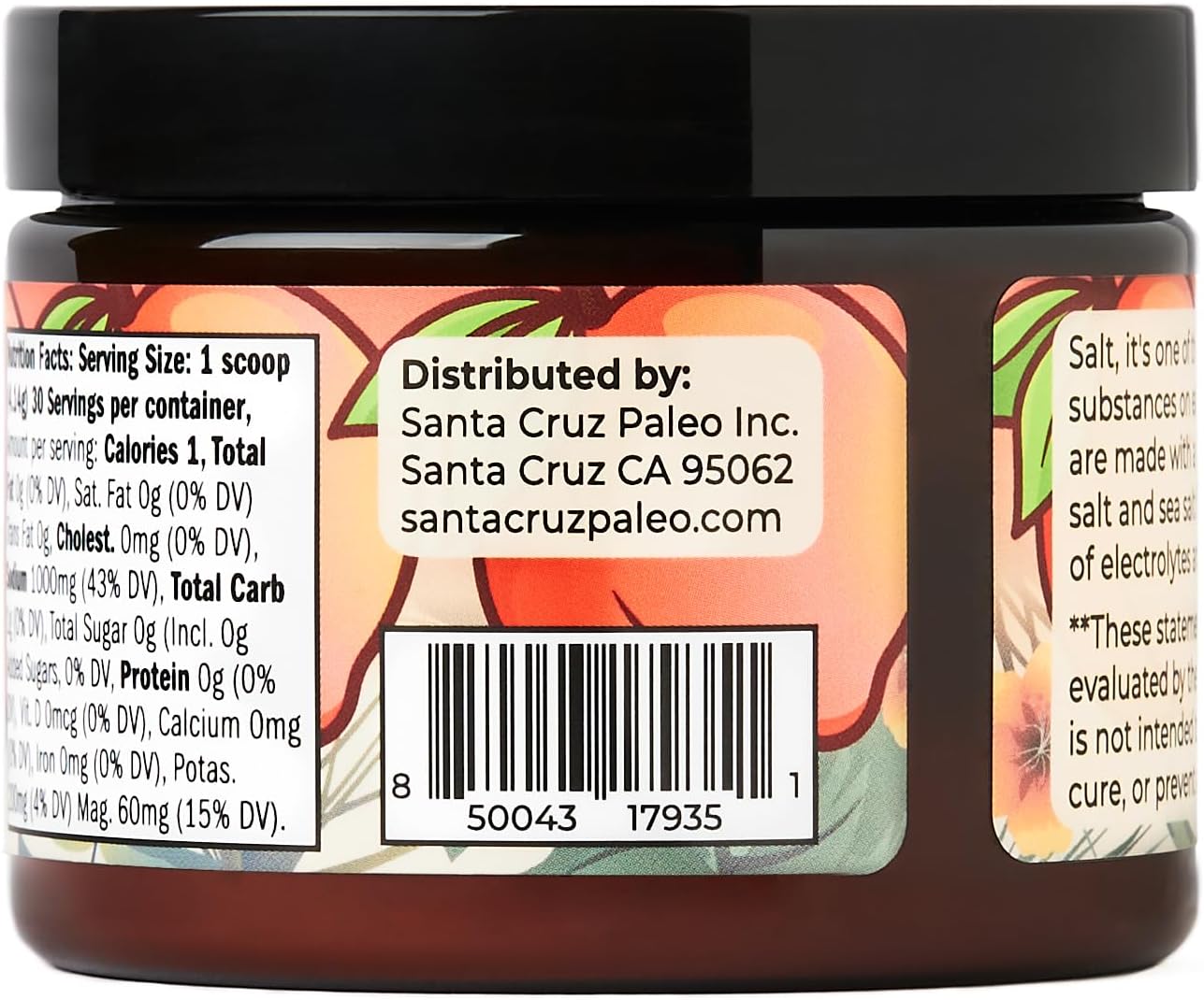 30 Servings Santa Cruz Peach Paleo Electrolyte Powder with Himalayan & Sea Salt, Magnesium, Potassium - Sugar-Free