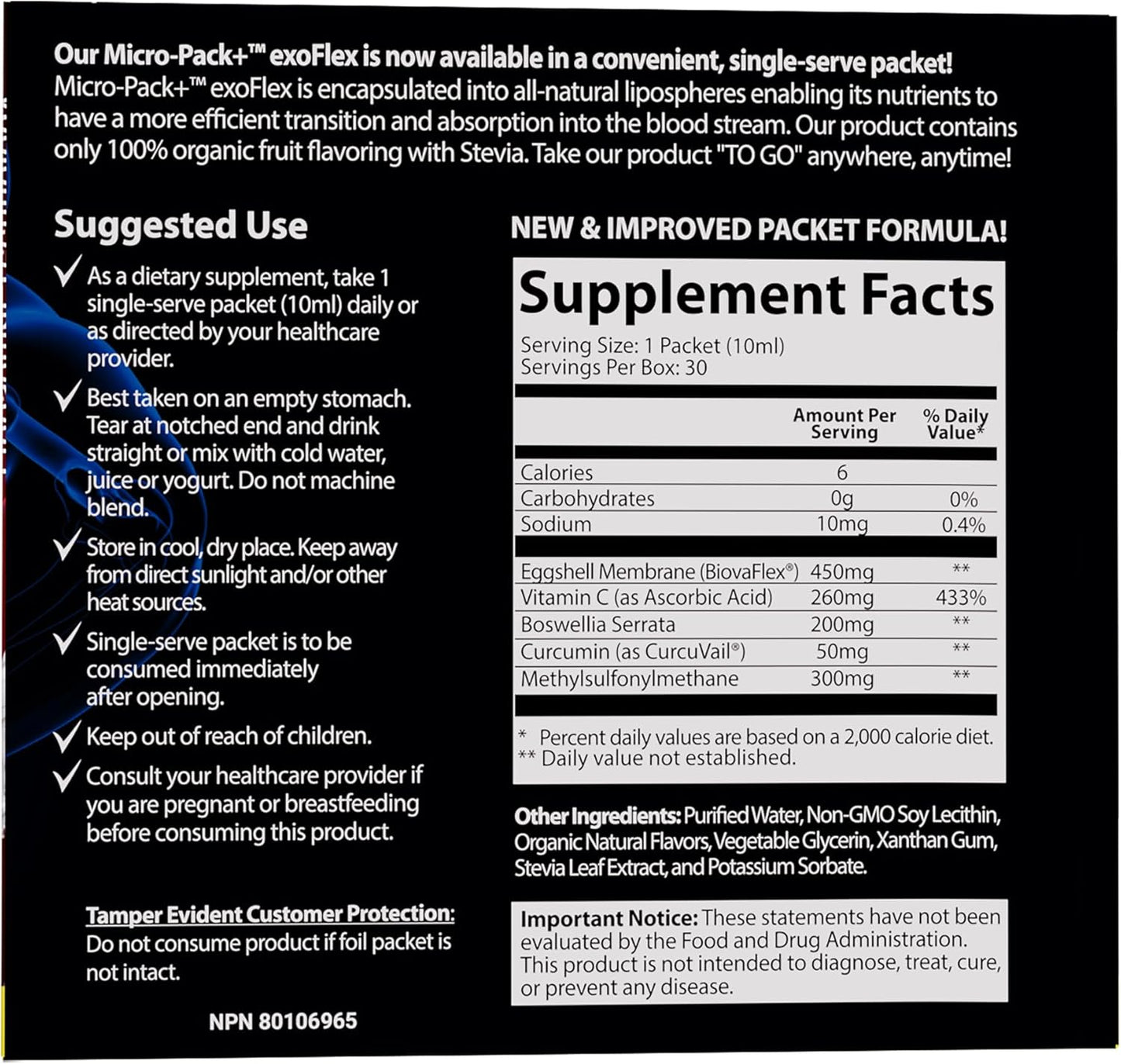 30 Single-Serve Packets of Liposomal exoFlex+ Vitamin C for Joint Support with Eggshell Membrane, Curcumin & Boswellia by Aurora Nutrascience