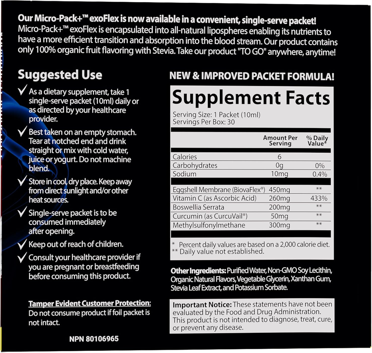 30 Single-Serve Packets of Liposomal exoFlex+ Vitamin C for Joint Support with Eggshell Membrane, Curcumin & Boswellia by Aurora Nutrascience