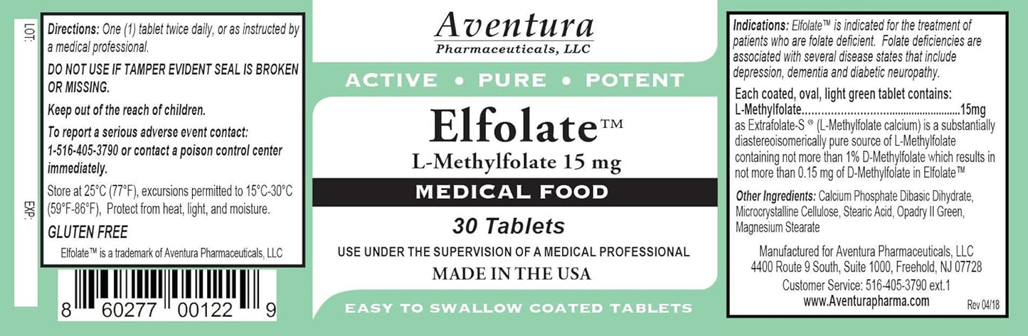 30 Tablets of ELFOLATE® 15mg L-Methylfolate Medical Food Supplement