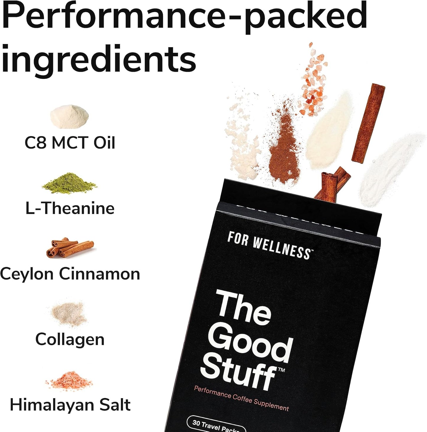 30 Travel Packets of Non-Dairy Coffee Supplement with Collagen, L-Theanine, and Himalayan Pink Salt for Improved Focus and Energy