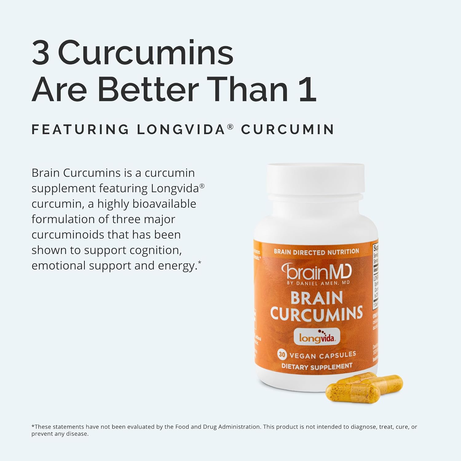 30 Vegan Capsules of BRAINMD Brain Curcumins with Longvida Curcumin - Gluten Free and 30 Servings
