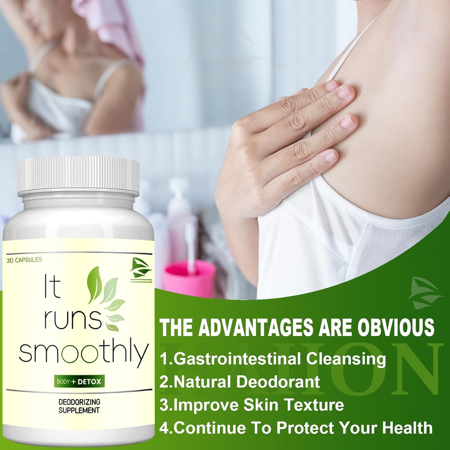 30 Vegan Chlorophyll Capsules for Body Deodorizing and Freshness, Internal Deodorant Supplement for Gut Health and Digestion Support
