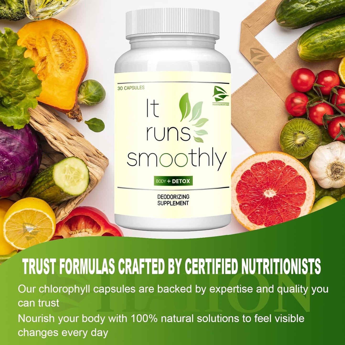 30 Vegan Chlorophyll Capsules for Body Deodorizing and Freshness, Internal Deodorant Supplement for Gut Health and Digestion Support