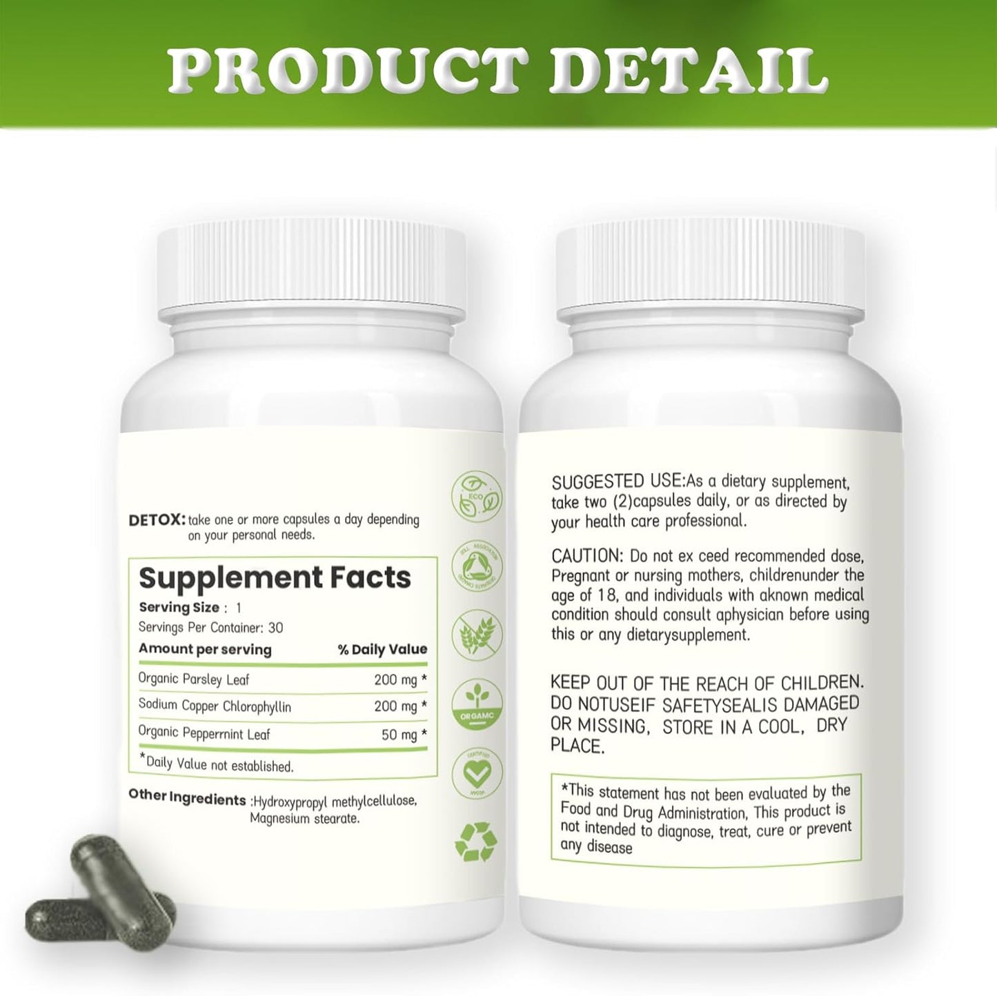 30 Vegan Chlorophyll Capsules for Body Deodorizing and Freshness, Internal Deodorant Supplement for Gut Health and Digestion Support