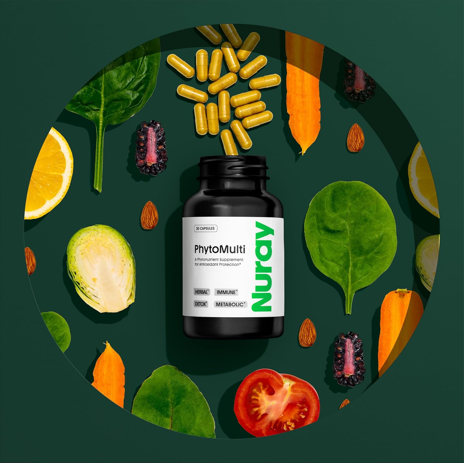 30 Vegetarian Capsules Nuray PhytoActive Dietary Supplement with Broccoli Sprout Powder, Herbal Extracts for Immune Support, Metabolism, and Detox - GN-PhytoActive Gluten-Free Formula