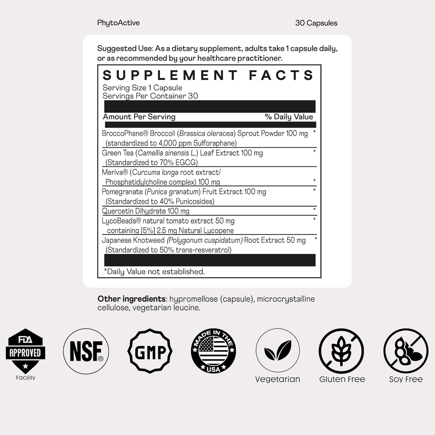 30 Vegetarian Capsules Nuray PhytoActive Dietary Supplement with Broccoli Sprout Powder, Herbal Extracts for Immune Support, Metabolism, and Detox - GN-PhytoActive Gluten-Free Formula