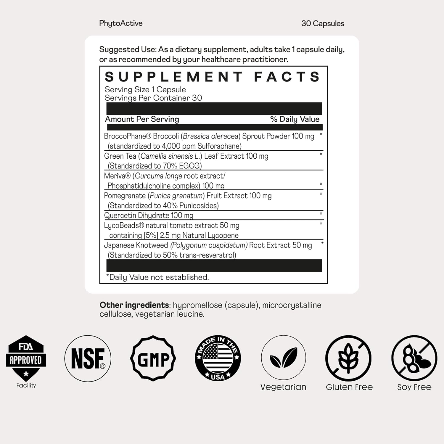 30 Vegetarian Capsules Nuray PhytoActive Dietary Supplement with Broccoli Sprout Powder, Herbal Extracts for Immune Support, Metabolism, and Detox - GN-PhytoActive Gluten-Free Formula