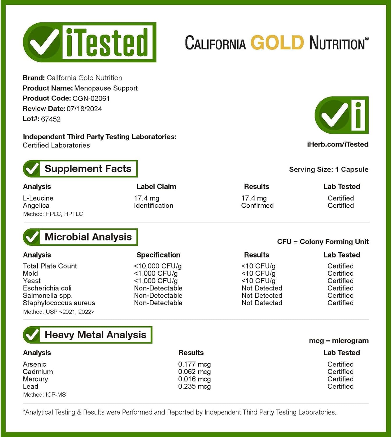 30 Veggie Capsules of California Gold Nutrition Menopause Support Formula