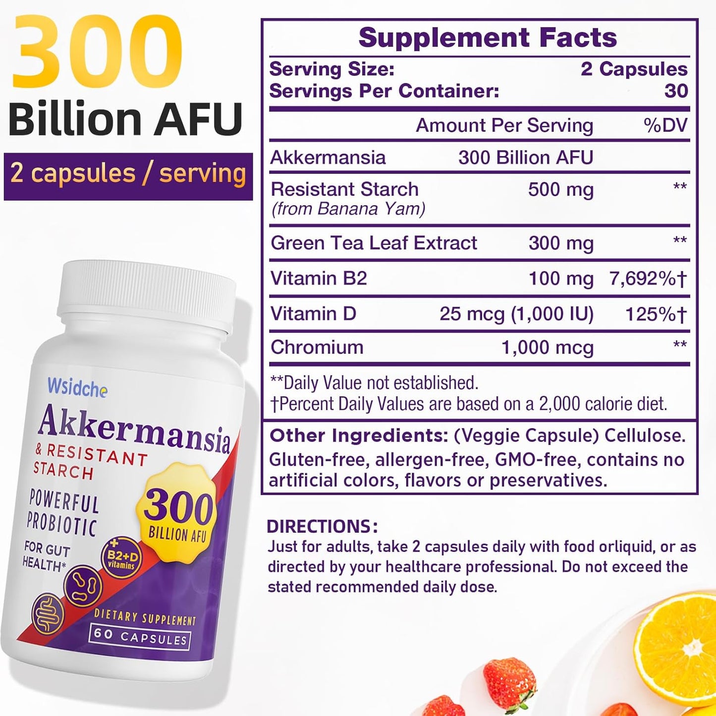 300 Billion AFU Akkermansia Muciniphila Probiotic Supplement for Men & Women - Supports Gut, Digestive, and Immune Health - 240 Capsules