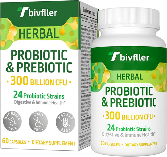 300 Billion CFU Probiotic + Prebiotic Blend for Digestive Health & Immune Support - 24 Strains, 15 Organic Herbs, Vegan - 2 Month Supply