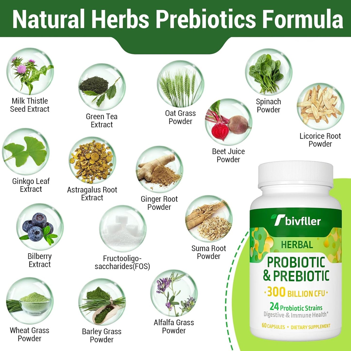 300 Billion CFU Probiotic + Prebiotic Blend for Digestive Health & Immune Support - 24 Strains, 15 Organic Herbs, Vegan - 2 Month Supply