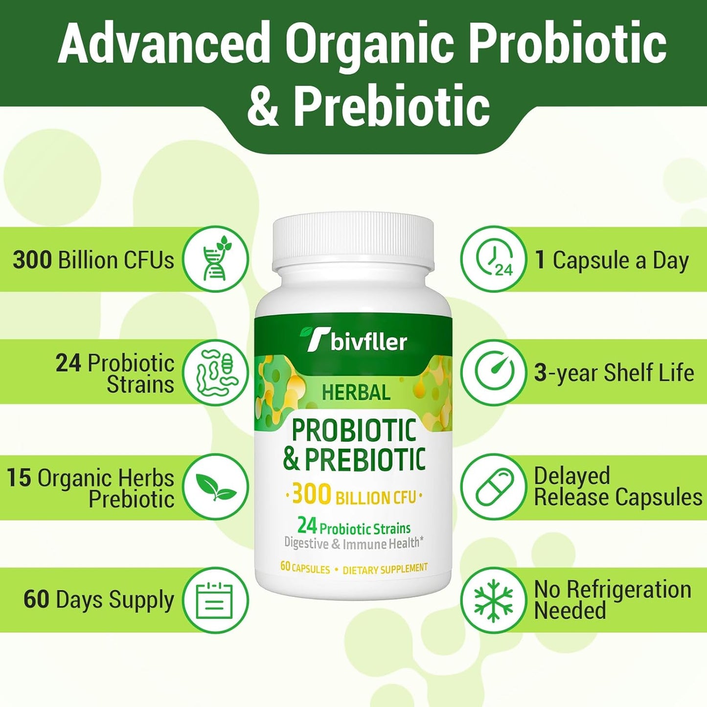 300 Billion CFU Probiotic + Prebiotic Blend for Digestive Health & Immune Support - 24 Strains, 15 Organic Herbs, Vegan - 2 Month Supply