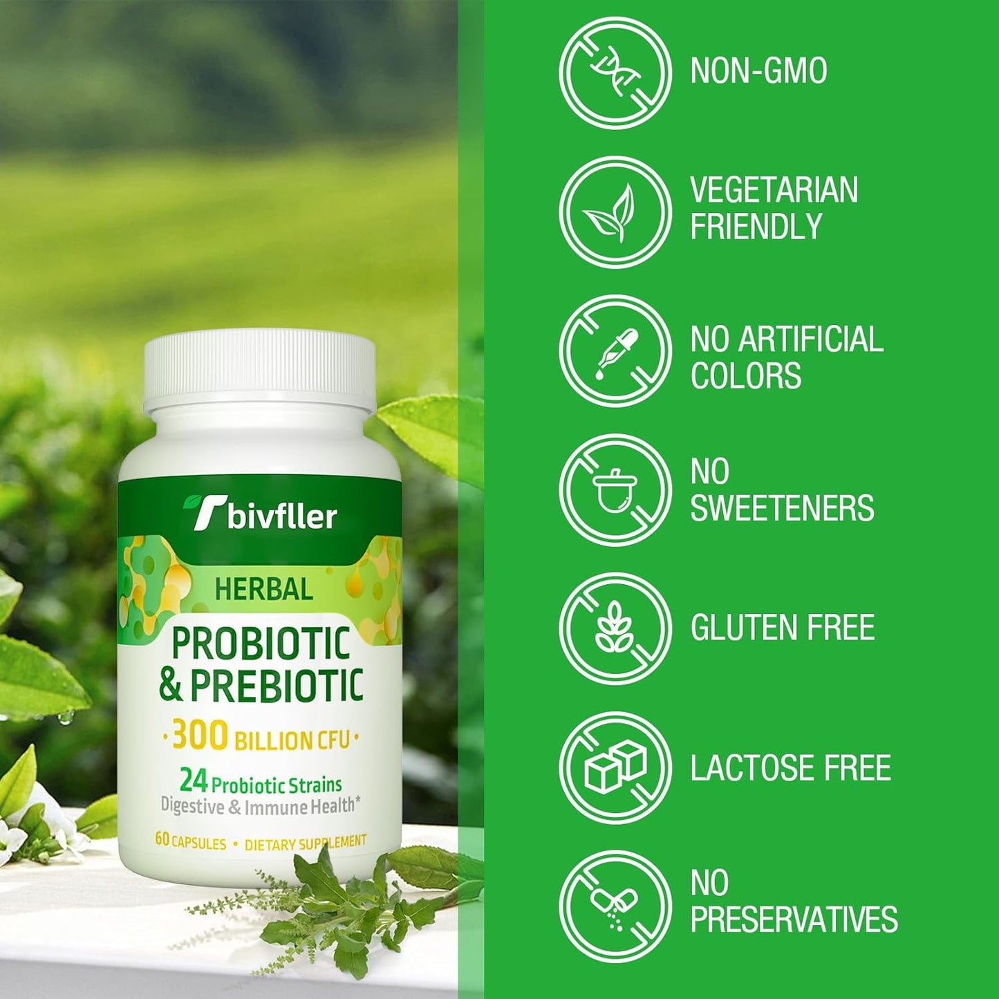 300 Billion CFU Probiotic + Prebiotic Blend for Digestive Health & Immune Support - 24 Strains, 15 Organic Herbs, Vegan - 2 Month Supply