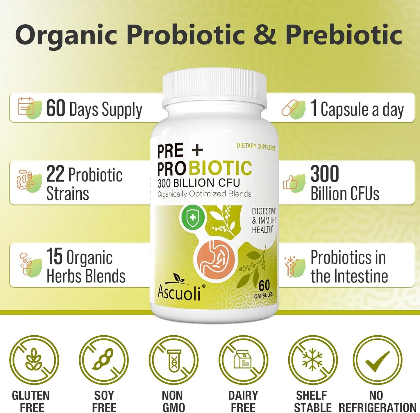 300 Billion CFU Probiotic Supplement with 22 Strains + 15 Organic Herbs for Digestive Health - 60 Capsules