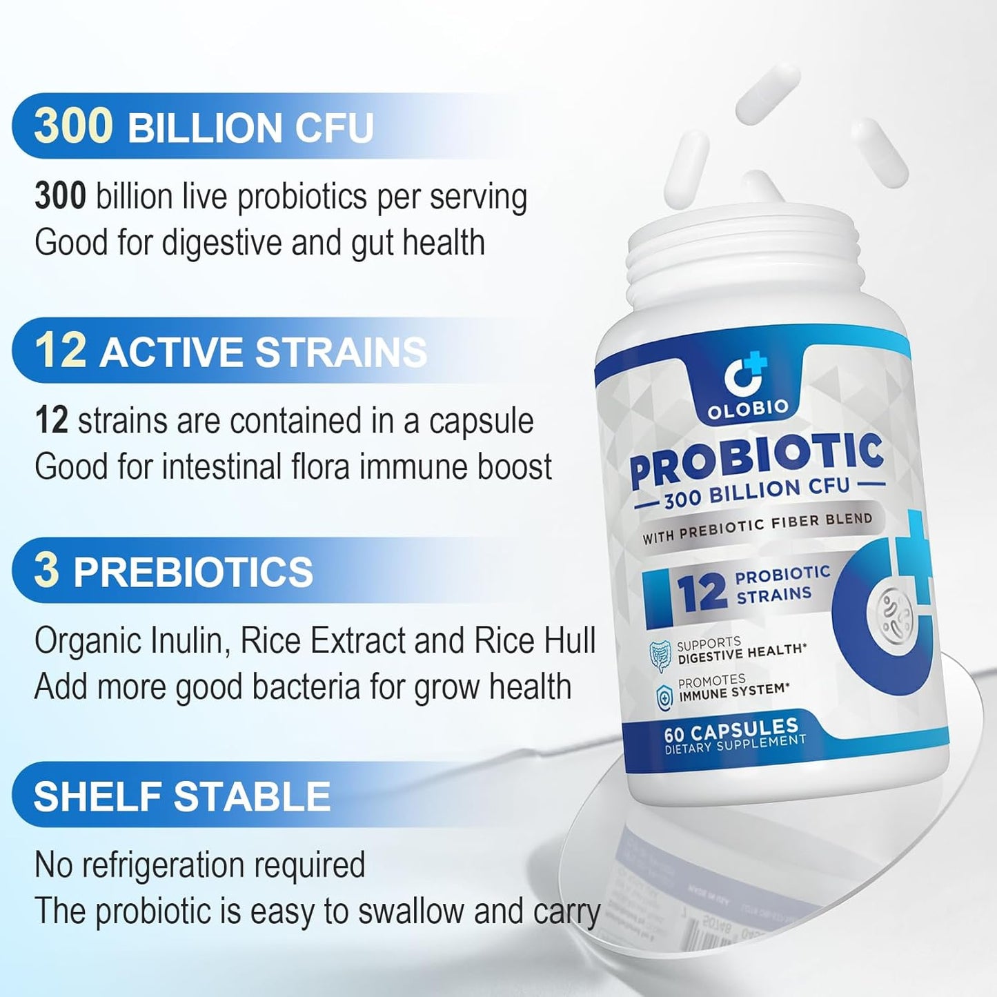 300 Billion CFU Probiotic with 12 Strains, 3 Prebiotics, Digestive & Immune Support, Vegan, 120 Capsules