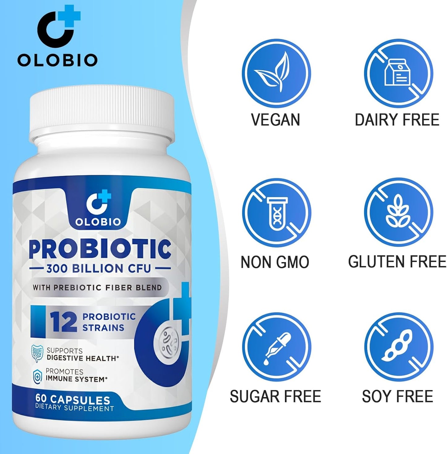 300 Billion CFU Probiotic with 12 Strains, 3 Prebiotics, Digestive & Immune Support, Vegan, 120 Capsules