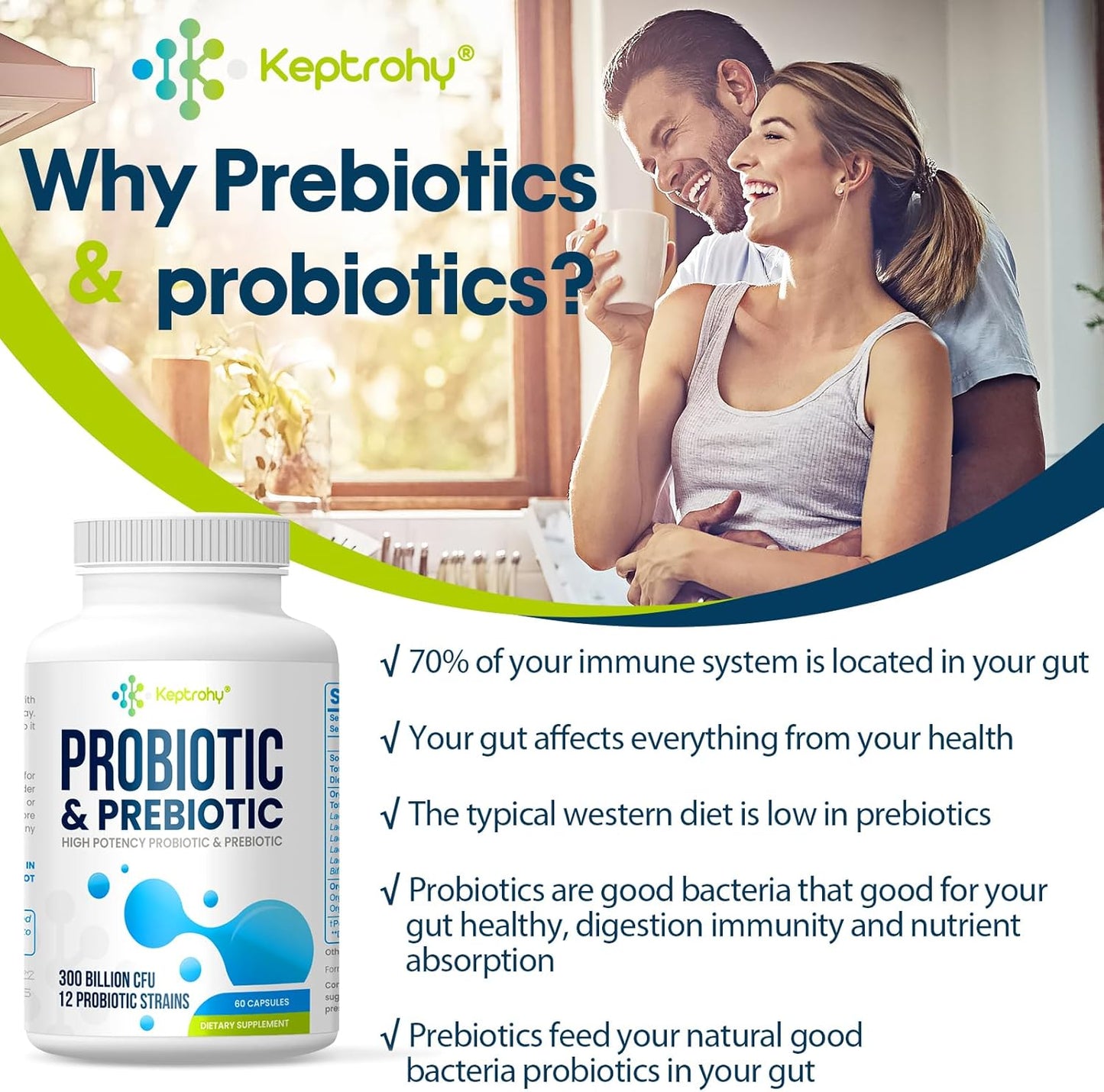 300 Billion CFU Probiotics for Gut Health, 12 Strain Probiotic Supplement with Prebiotics, Organic Blend for Men & Women, 180 Capsules