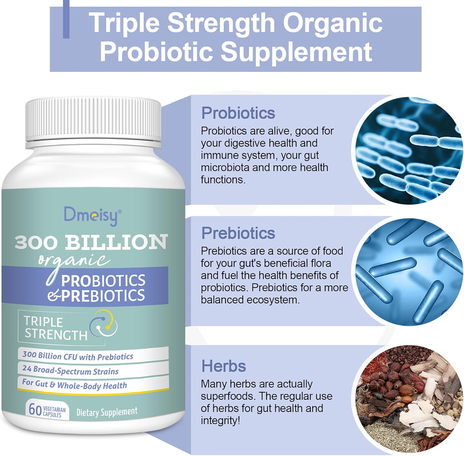 300 Billion CFU Probiotics + Prebiotics for Gut Health - 24 Strains, 15 Organic Herbs - Women & Men, Immune Support - 6 Month Supply