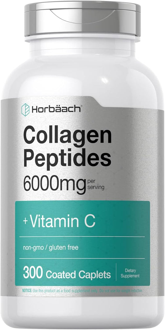 300 Caplet Pills of Horbäach Collagen Peptides - 6000mg with Vitamin C - Hydrolyzed Supplement, Non-GMO, Gluten Free