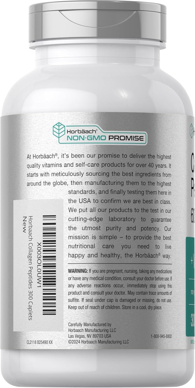 300 Caplet Pills of Horbäach Collagen Peptides - 6000mg with Vitamin C - Hydrolyzed Supplement, Non-GMO, Gluten Free