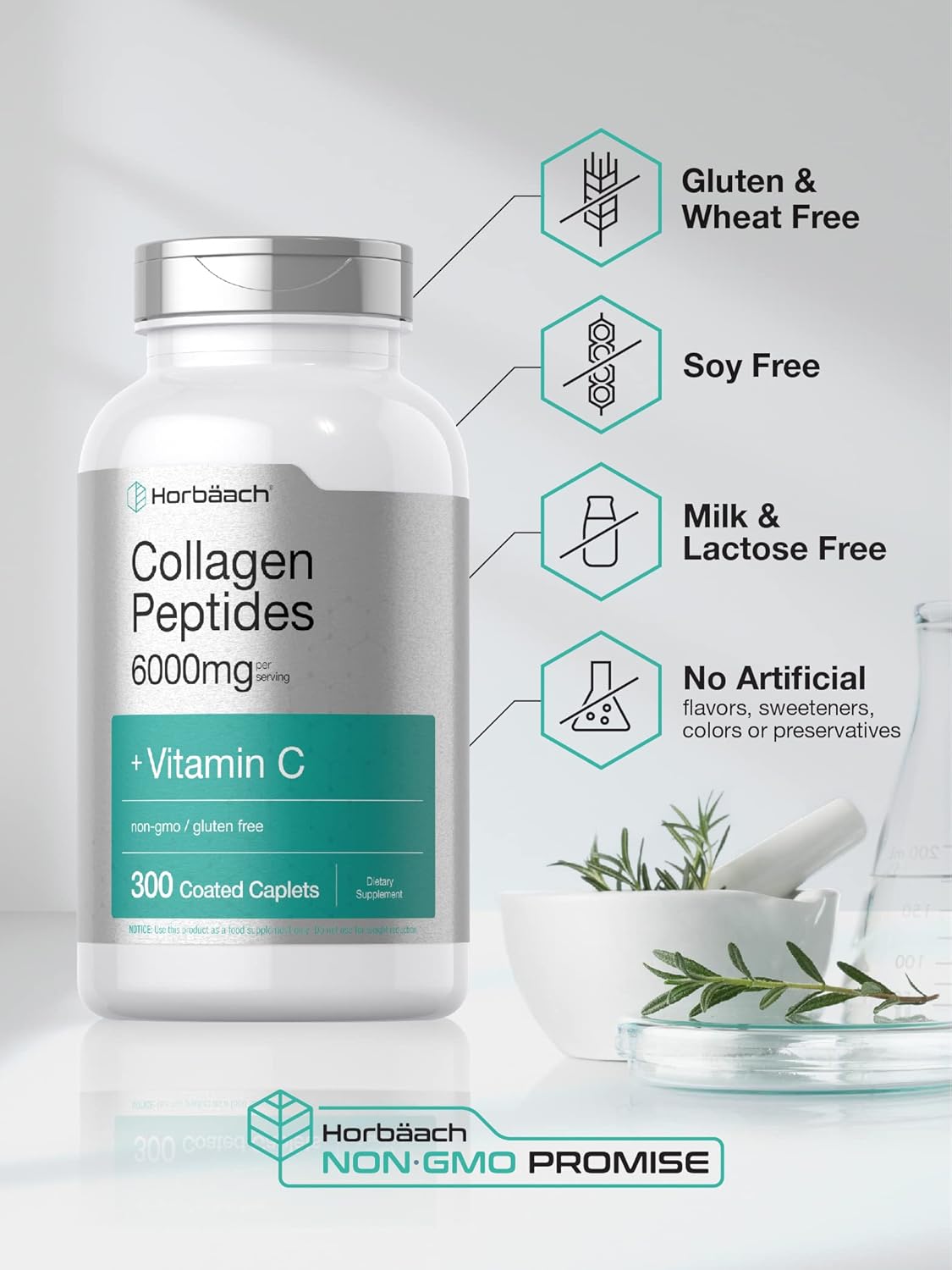 300 Caplet Pills of Horbäach Collagen Peptides - 6000mg with Vitamin C - Hydrolyzed Supplement, Non-GMO, Gluten Free