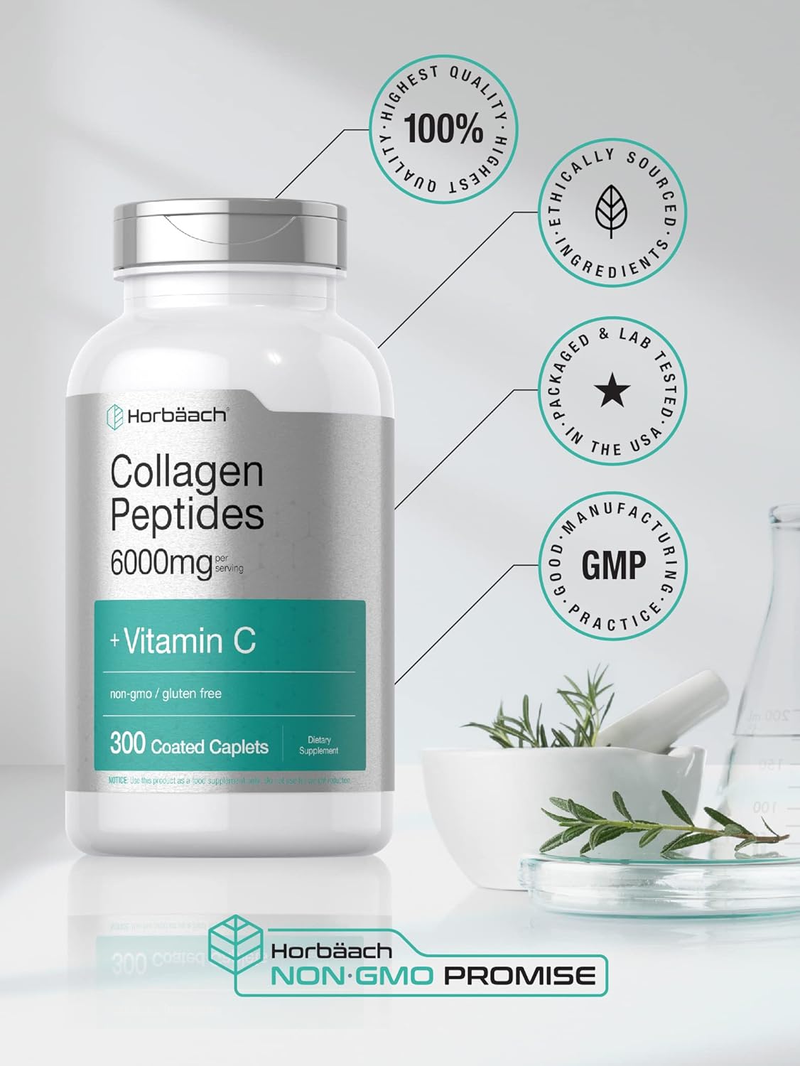 300 Caplet Pills of Horbäach Collagen Peptides - 6000mg with Vitamin C - Hydrolyzed Supplement, Non-GMO, Gluten Free