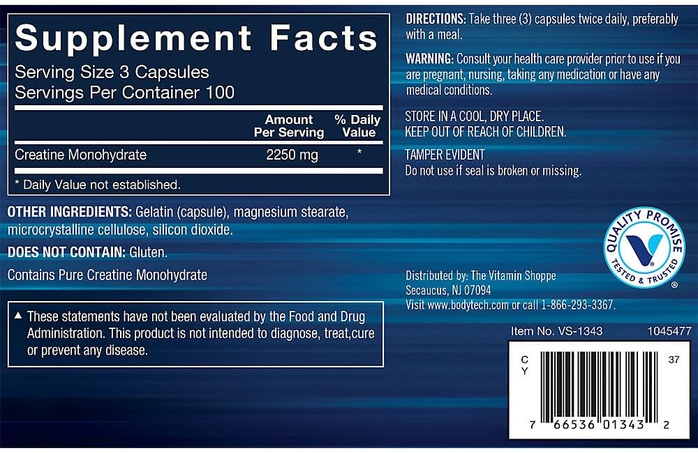 300 Capsules of BodyTech Creatine Monohydrate for Enhanced Performance and Muscle Growth