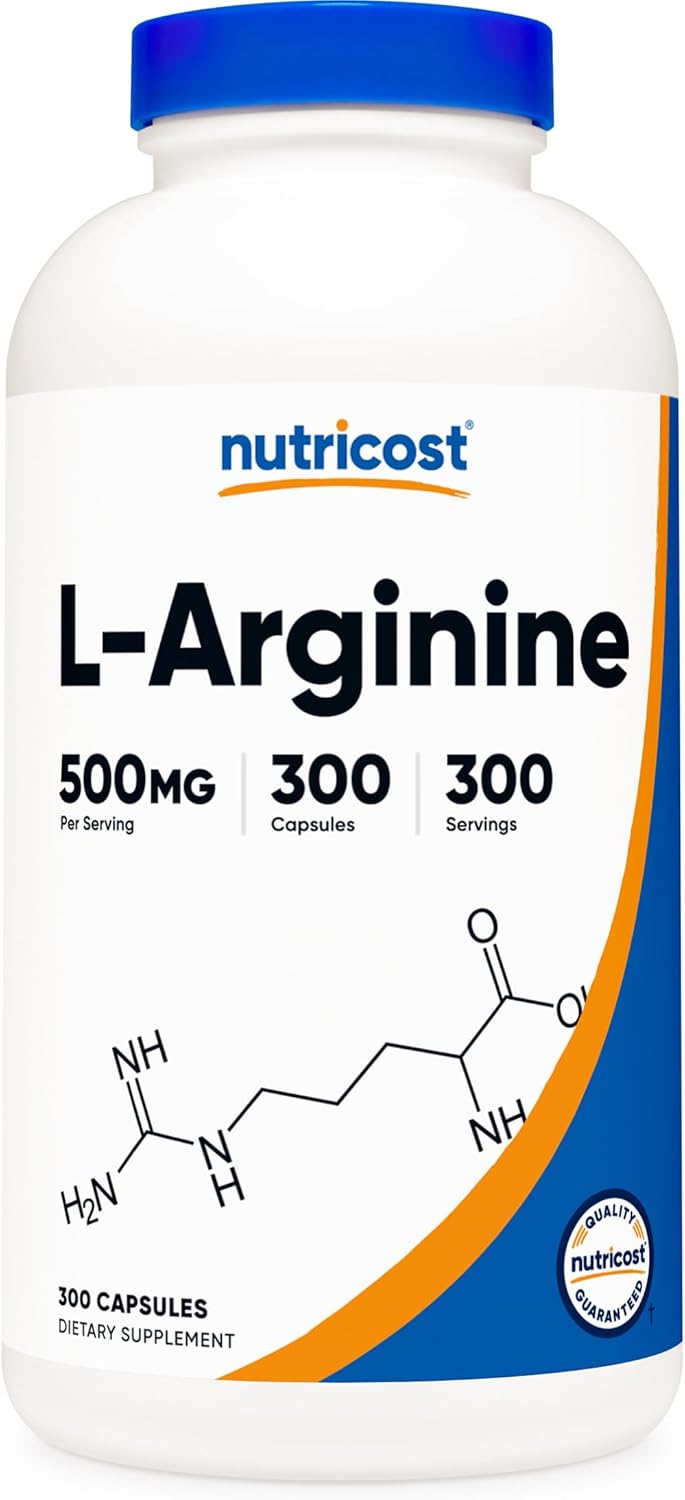 300 Capsules of Gluten-Free and Non-GMO Nutricost L-Arginine 500mg