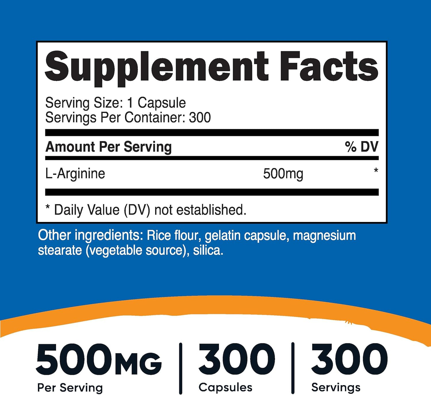 300 Capsules of Gluten-Free and Non-GMO Nutricost L-Arginine 500mg