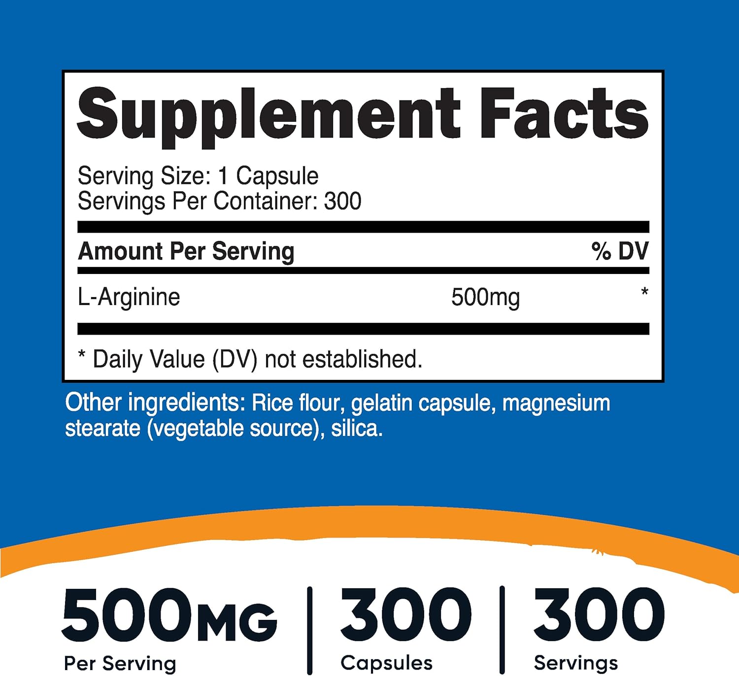 300 Capsules of Gluten-Free and Non-GMO Nutricost L-Arginine 500mg