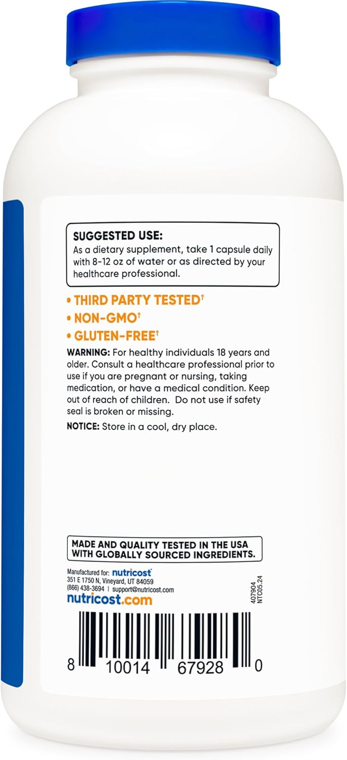 300 Capsules of Gluten-Free and Non-GMO Nutricost L-Arginine 500mg