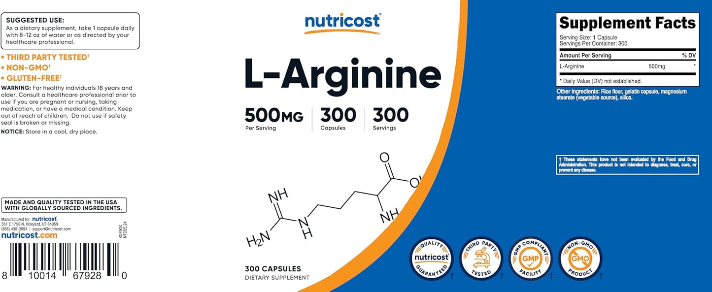 300 Capsules of Gluten-Free and Non-GMO Nutricost L-Arginine 500mg