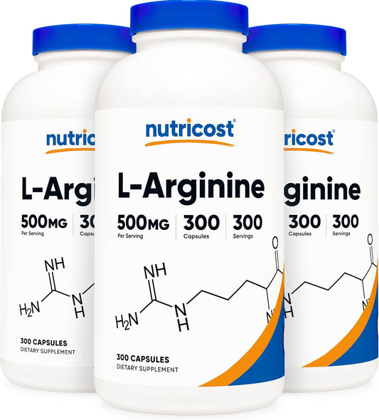 300 Capsules of Nutricost L-Arginine 500mg - Pack of 3 Bottles