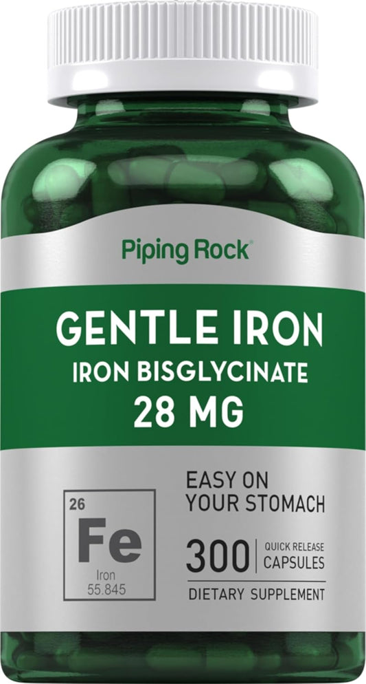 300 Capsules of Piping Rock Iron Bisglycinate Supplement - 28 mg Gentle Iron Formula, Non-GMO & Gluten Free