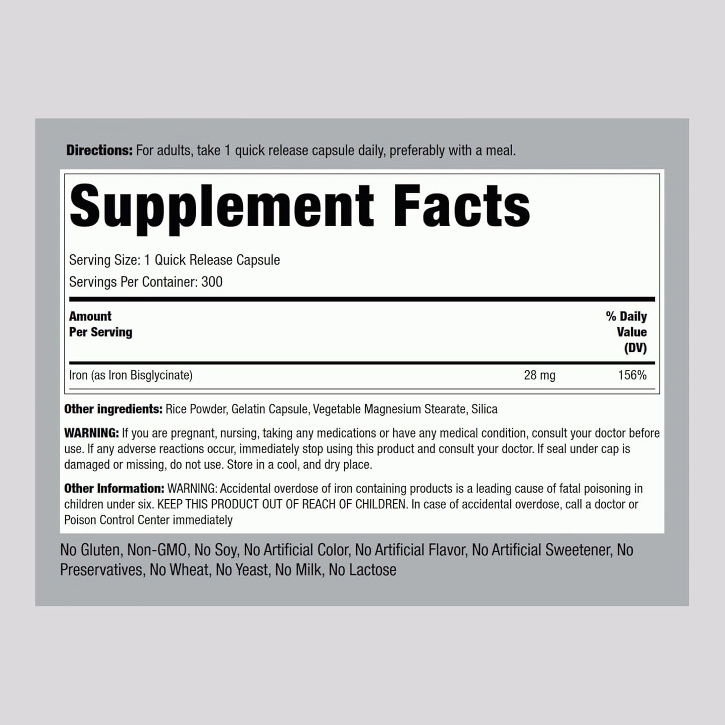 300 Capsules of Piping Rock Iron Bisglycinate Supplement - 28 mg Gentle Iron Formula, Non-GMO & Gluten Free
