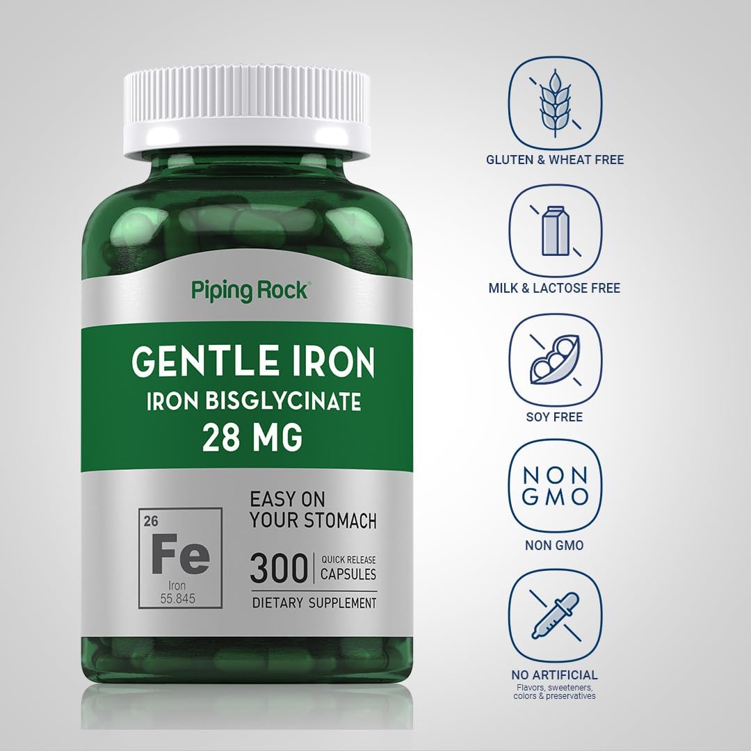 300 Capsules of Piping Rock Iron Bisglycinate Supplement - 28 mg Gentle Iron Formula, Non-GMO & Gluten Free