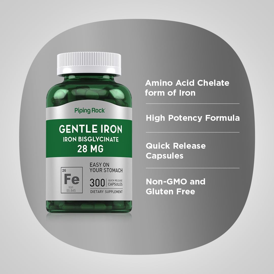 300 Capsules of Piping Rock Iron Bisglycinate Supplement - 28 mg Gentle Iron Formula, Non-GMO & Gluten Free