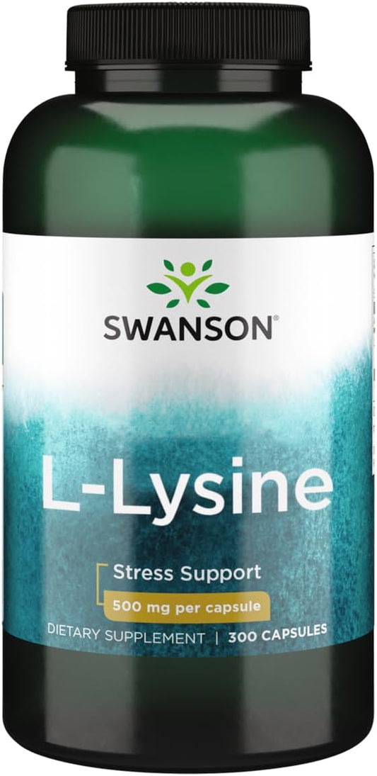300 Capsules Swanson L-Lysine Supplement - Natural Stress & Nervous System Support for Calm Mood & Relaxation - 500mg
