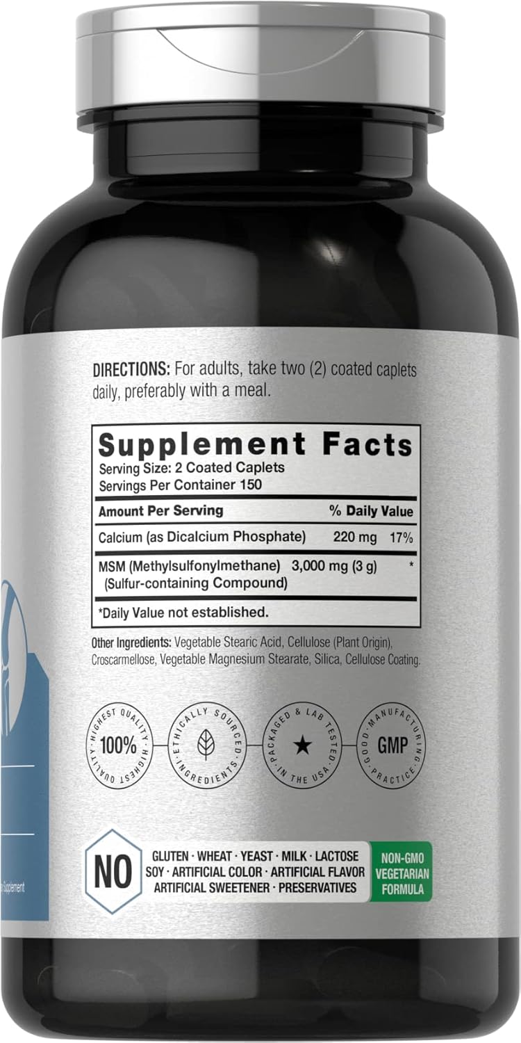 300 Coated Caplets of Vegetarian MSM Supplement with 3000mg Methylsulfonylmethane & Calcium - Non-GMO & Gluten Free