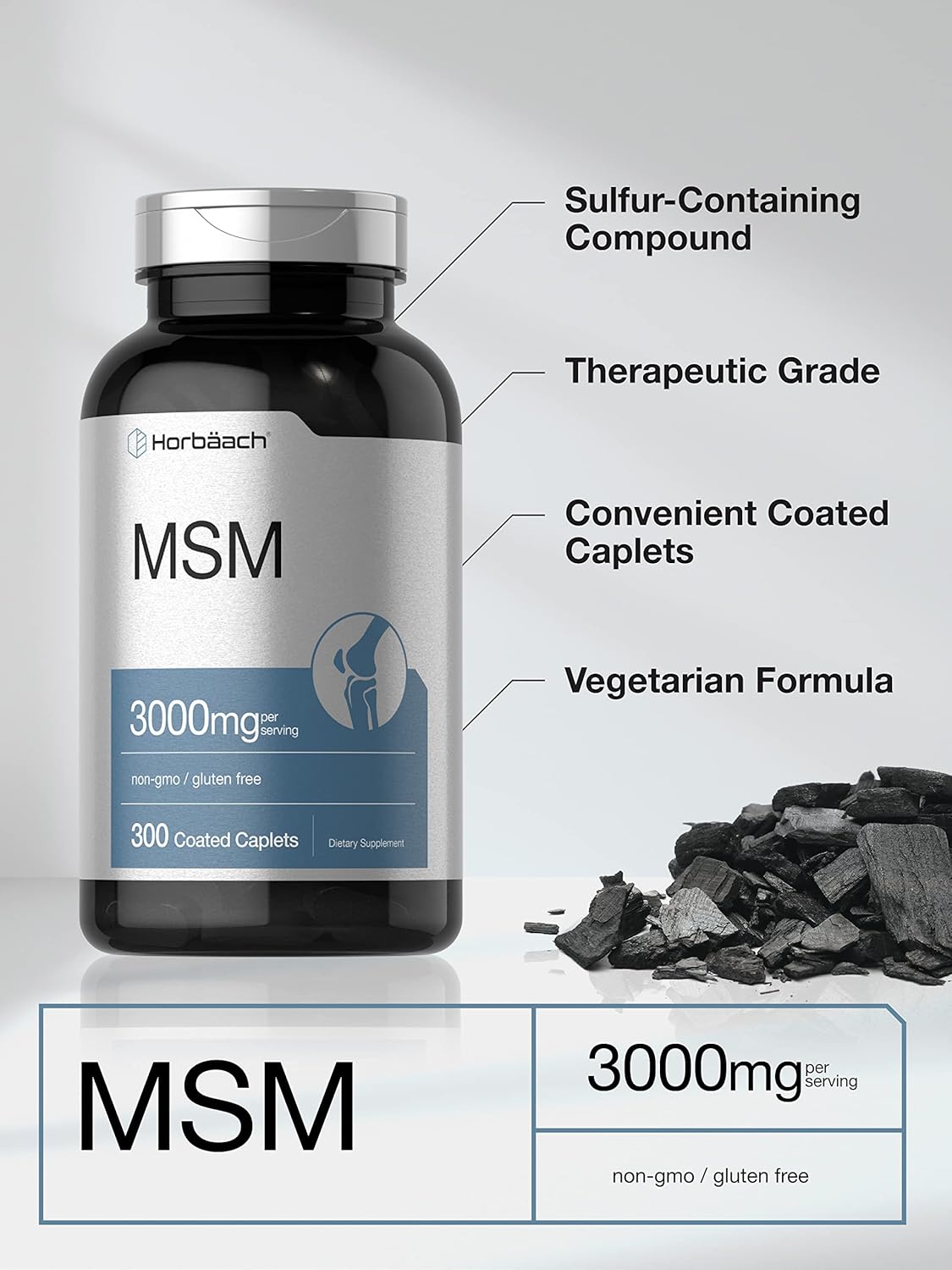 300 Coated Caplets of Vegetarian MSM Supplement with 3000mg Methylsulfonylmethane & Calcium - Non-GMO & Gluten Free